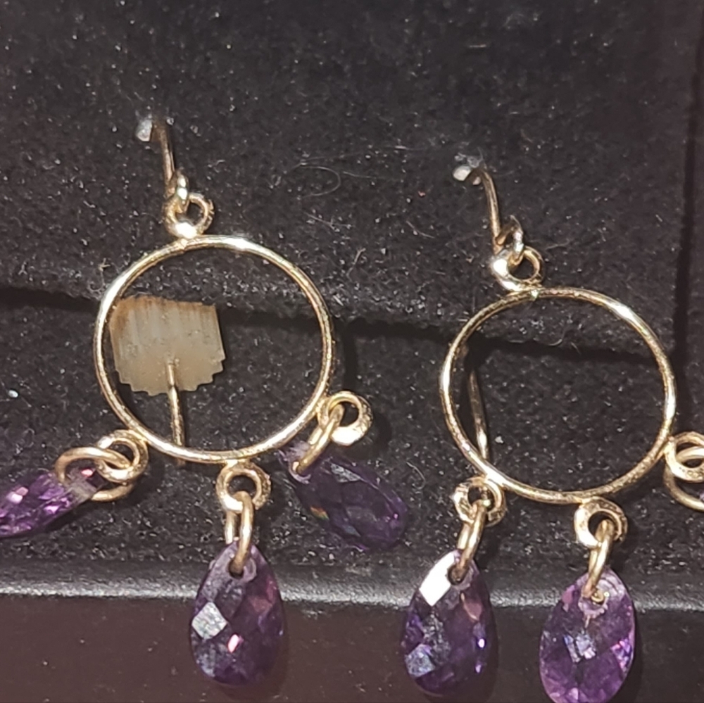 Amythest Briolette Cut Dangle Earrings Set In 14kt Yellow Gold - Picture 9 of 11